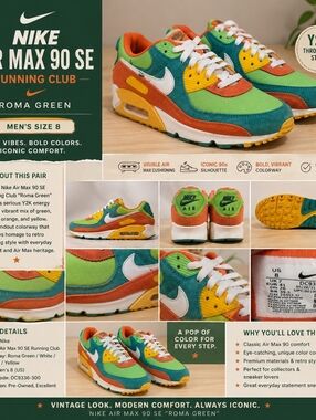Sz 8 MENS Roma Green Nike Air Max 90 SE Running Club Sneakers Y2K